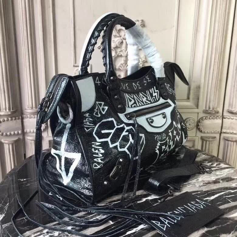 BALENCIAG巴黎世家 Graffiti Classic City30cm機車包 手繪彩色塗鴉  爆裂紋羊皮 手提肩背斜挎包  BL1806
